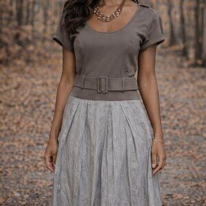 Rachel Roy Taupe & Gray Midi Dress | Belted Workwear Dress | Size 2 | Office